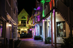 Colorful lights in a quiet street at night