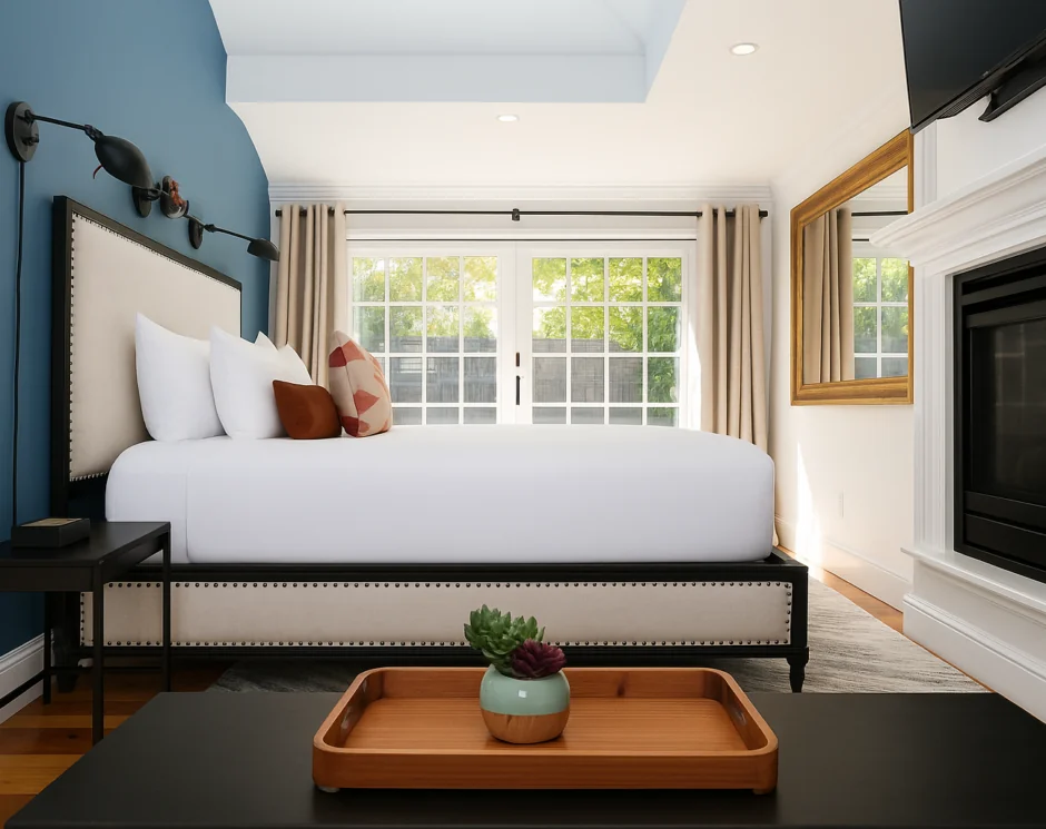 White bed with fireplace, tray and windows